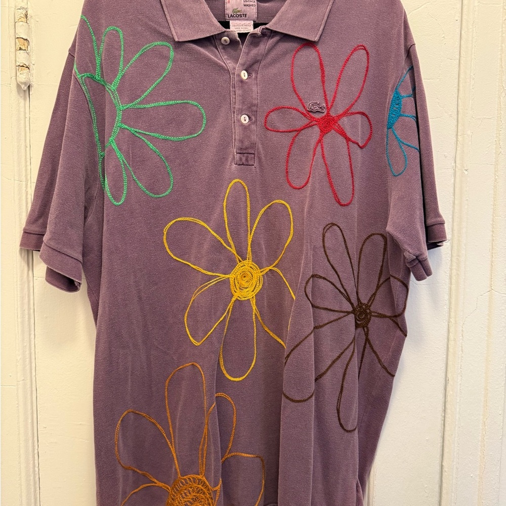 Purple Lacoste Polo Shirt with Colorful Floral Embroidery
